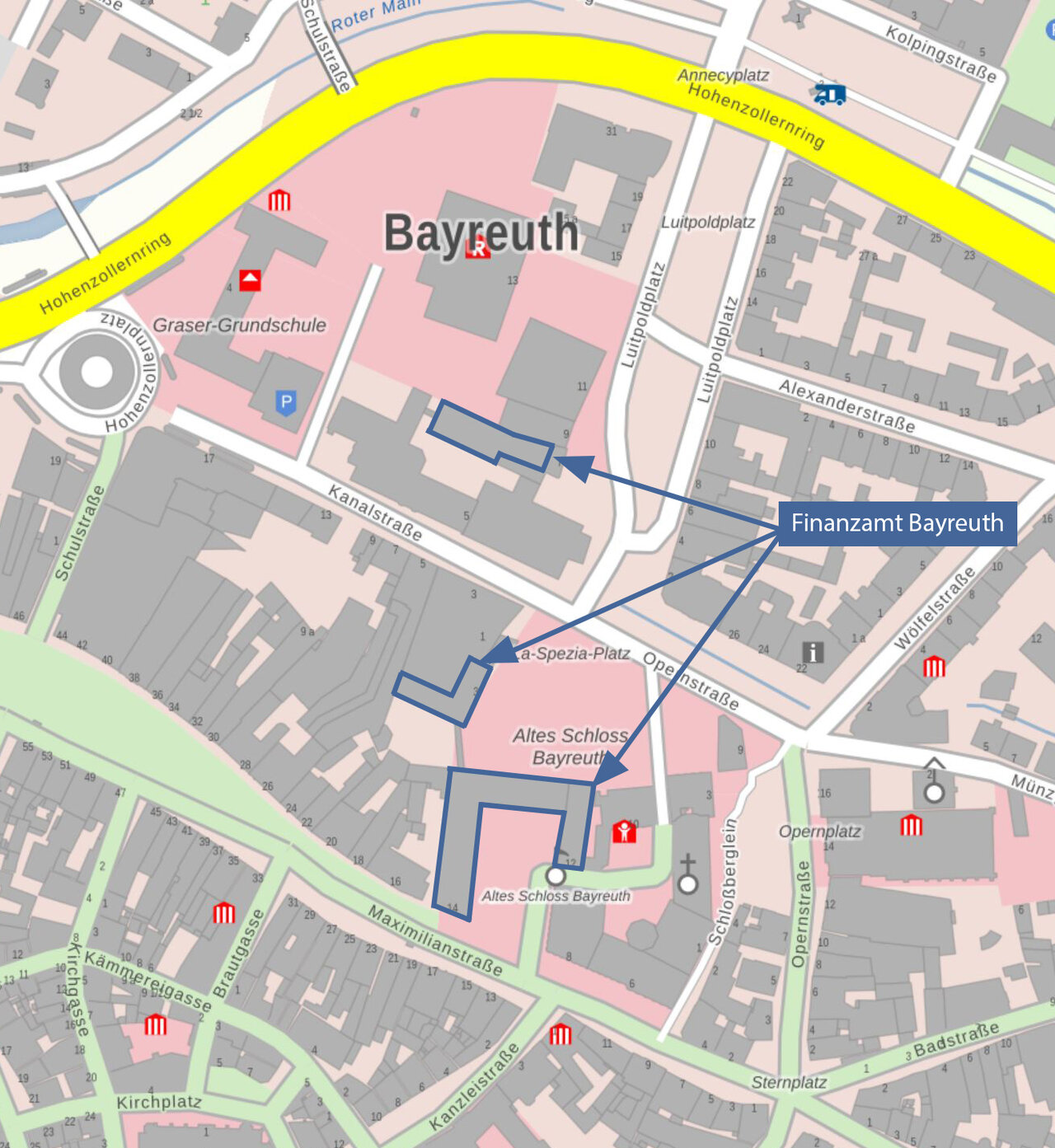  Lageplan mit Markierung Finanzamt Bayreuth, Maximilianstraße 12/14